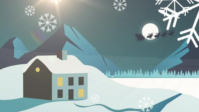Snowflakes falling against against winter landscape with house and mountains