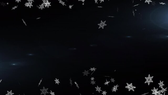 Digital animation of snowflakes floating over spots of light against blue background