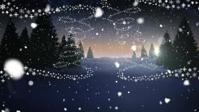 Snow falling over stars forming christmas tree against winter landscape