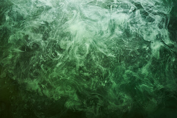 Abstract green color background. Swirling vibrant hookah smoke, underwater emerald ocean, dynamic paint in water