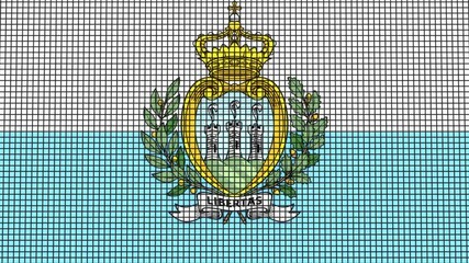 San Marino Flag animated in pixel grid style technology background