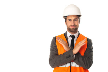 Skeptical engineer showing stop gesture isolated on white