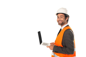 Engineer in safety vest holding laptop isolated on white