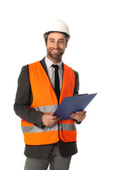 Smiling architect in safety vest holding clipboard isolated on white