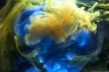 Fototapeta na wymiar Earth colors abstract background, colorful smoke paint underwater, swirling ink in water, exoplanet blue sea ocean