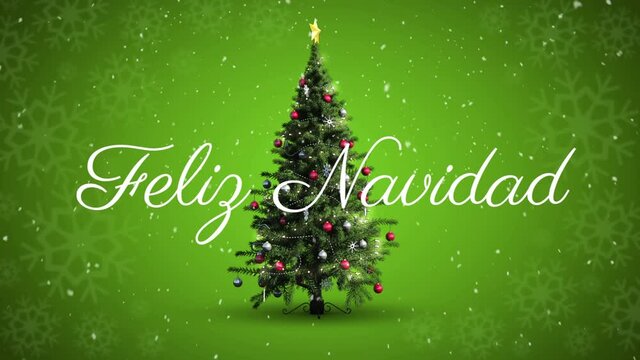Feliz navidad text and snow falling over spinning christmas tree and snowflakes on green background - Powered by Adobe