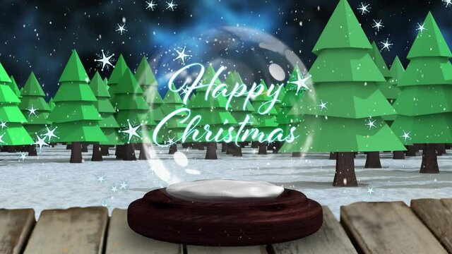 Shooting star around happy christmas text in a snow globe against multiple trees on winter landscape