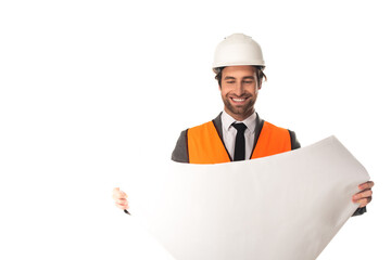 Smiling engineer holding blueprint isolated on white