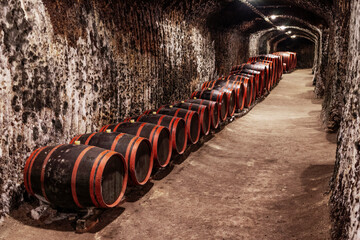 wine cellars with barrels, traditional wine called Bikaver near Eger, Hungary