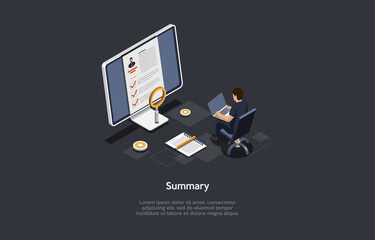 Vector Illustration On Dark Background. Isometric Composition On Summary Concept. Cartoon 3D Style. Business Resume, Job Application Candidate Form, Human Resources Agent. Computer Screen, Character