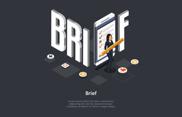 Composition With Character And Text. Isometric Vector Illustration, Cartoon 3D Style. Brief Concept. Businessperson, Big Letters, Infographics. Business Topic Summary, Company Meeting, Brainstorming