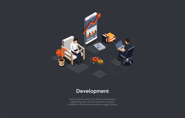 Development Concept Design. Cartoon 3D Style, Isometric Vector Illustration With Text. Different Digital Technologies Invention, Impact On Work And Life Quality Improvement. Scientific Innovations