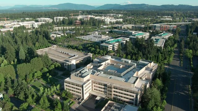 Aerial: Microsoft Campus in Redmond, Seattle, Washington, USA
