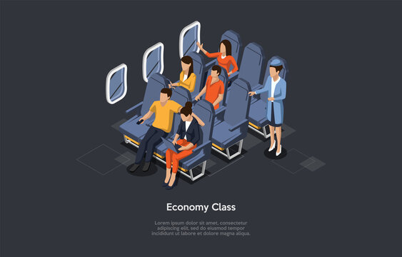 Vector Composition. Isometric Design, Cartoon 3D Style. Economy Class Aircraft Flight. Airplane Inside, Crew Member And Group Of Passengers Sitting. Writing And Dark Background. Infographic Objects