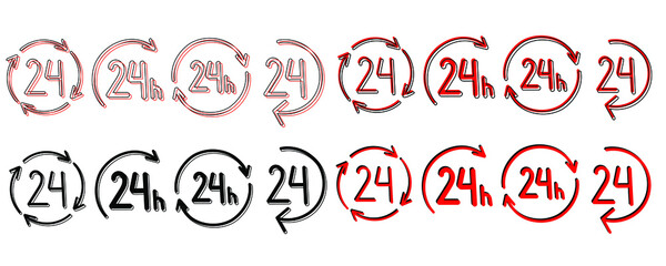 Shop open sign 24 hours sales icon set. Isolated Black Friday symbols collection.