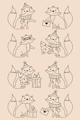 Linear animals set. Cute fox in scarf and hat, in image of Santa with Christmas tree and letter, with gift and glasses. Vector Drawing black line, outline. illustration for kids collection, design
