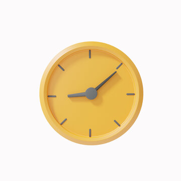 Yellow clock icon analog telling time Pointer 9 o'clock on isolated white background Minimal cartoon style creative concept. 3d render. illustration