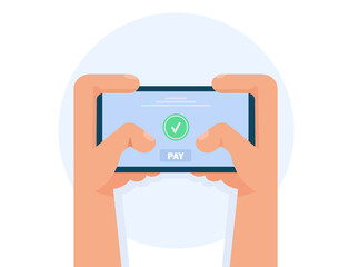 Hands holding smartphone with online payment system. Flat design