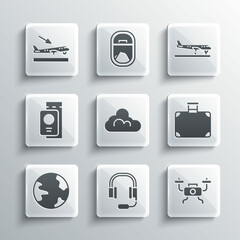 Set Headphones with microphone, Drone flying, Suitcase, Cloud weather, Worldwide, Passport ticket, Plane landing and icon. Vector