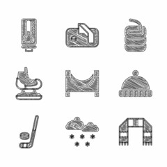 Set Skate park, Cloud with snow, Winter scarf, hat, Ice hockey stick and puck, Skates, Stone for curling and Meteorology thermometer icon. Vector