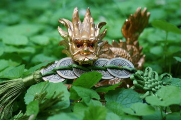 A dragon with a bunch of Chinese coins in his teeth. A symbol of power and achievement of the goal.
