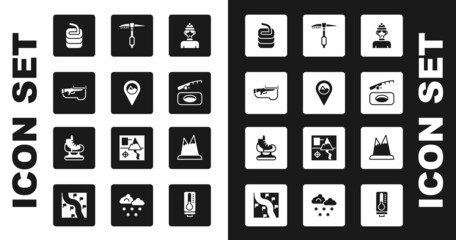 Set Winter athlete, Location with mountain, Biathlon rifle, Stone for curling, fishing, Ice axe, Mountains and Skates icon. Vector
