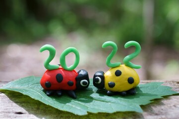 Figurines of two ladybirds made of plasticine. At the top is the calendar date 2022.