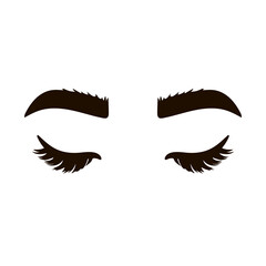 Closed eyes with eyelashes. Women eyes simple illustration. Hand drawn female luxurious eye with shaped eyebrows, eyelashes. Idea for business card, typography vector.Perfect appearance forsalon.