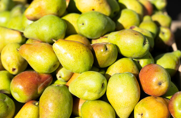 Ripe green pears (duchess) on the counter of a grocery store. High quality photo