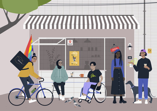 Urban scene, people sitting and standing outside of the coffee shop, modern lifestyle, inclusivity, and diversity