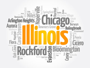 List of cities in Illinois USA state, word cloud concept background