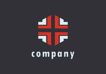 Obraz premium Abstract Cross Shield Logo. Red and White Geometric Shape Cross Style isolated on Dark Background. Flat Vector Logo Design Template Element.