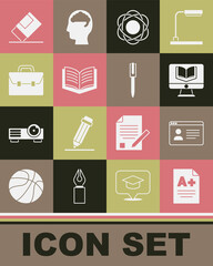 Set Exam sheet with A plus grade, Online class, Atom, Open book, Briefcase, Eraser or rubber and Pen icon. Vector