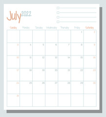 July 2022 calendar month planner with To Do List, week starts on Sunday, template, mock up calendar leaf illustration. Vector graphic page