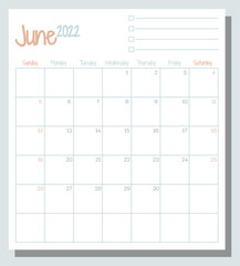 June 2022 calendar month planner with To Do List, week starts on Sunday, template, mock up calendar leaf illustration. Vector graphic page