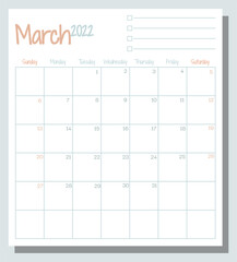 March 2022 calendar month planner with To Do List, week starts on Sunday, template, mock up calendar leaf illustration. Vector graphic page