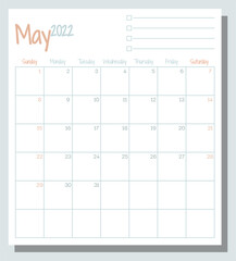 May 2022 calendar month planner with To Do List, week starts on Sunday, template, mock up calendar leaf illustration. Vector graphic page