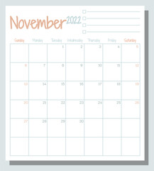 November 2022 calendar month planner with To Do List, week starts on Sunday, template, mock up calendar leaf illustration. Vector graphic page