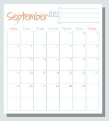 September 2022 calendar month planner with To Do List, week starts on Sunday, template, mock up calendar leaf illustration. Vector graphic page