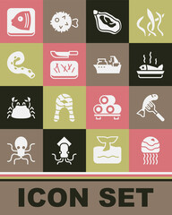 Set Jellyfish, Served on a plate, Mussel, Cutting board and knife, Octopus of tentacle, Fish head and Fishing boat icon. Vector