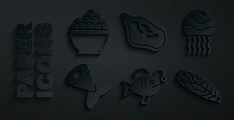 Set Tropical fish, Jellyfish, Fish tail, steak, Mussel and Caviar icon. Vector