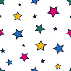Abstract background seamless pattern tile with bright colorful stars on white vector. Geometric shapes ornament. Repeating texture. Backdrop. Wallpaper. Gift wrapping paper. Fashion fabric print.