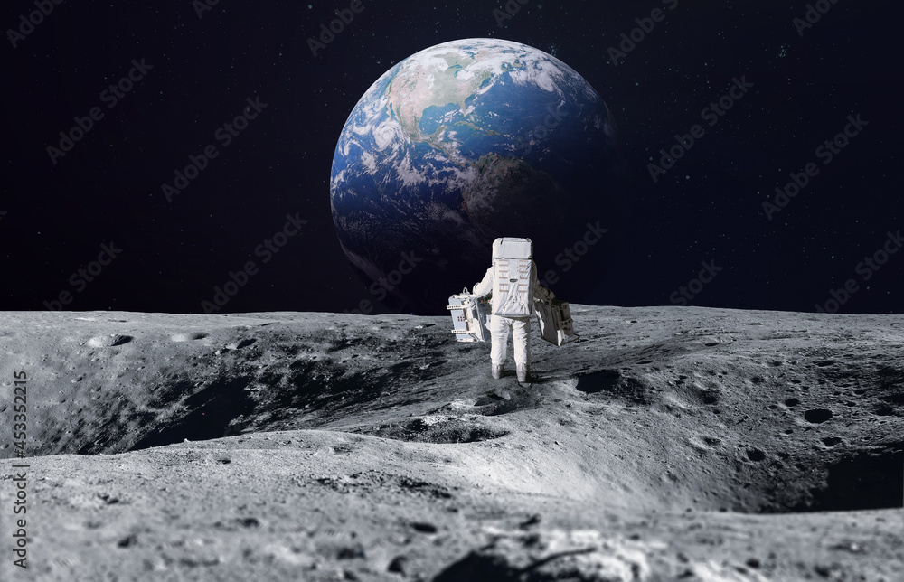 Aufkleber Astronaut on surface of Moon. Planet Earth on the background. Apollo space program. Artemis program. Elements of this image furnished by NASA.