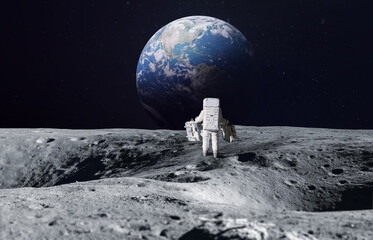 Astronaut on surface of Moon. Planet Earth on the background. Apollo space program. Artemis program. Elements of this image furnished by NASA. - obrazy, fototapety, plakaty