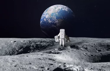 Fototapeten Astronaut auf der Mondoberfläche. Planet Erde im Hintergrund. Apollo-Weltraumprogramm. Artemis-Programm. Elemente dieses Bildes, bereitgestellt von der NASA. © dimazel