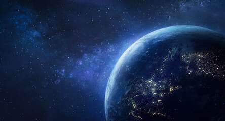 Earth planet in deep space. Outer dark space wallpaper. Night on planet with cities lights. Surface...