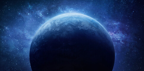 Blue planet in outer space. Earth surface. Solar system planet. Sphere in deep space. Elements of...
