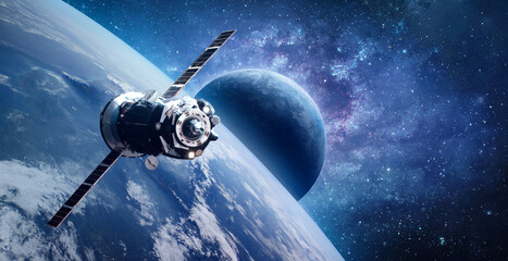 Fototapeta na wymiar Russian spaceship on orbit of planet Earth. View from ISS station. Blue planets in deep space. Sci-fi wallpaper. Elements of this image furnished by NASA