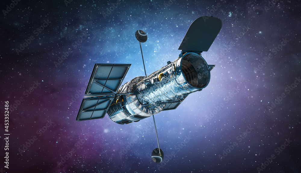 Poster Space telescope Hubble in bright outer space. Milky way and galaxy with stars research. Elements of this image furnished by NASA