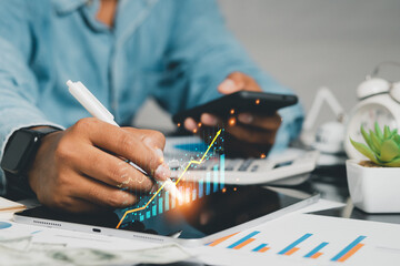 strategic goals stock market business growth success concept Businessmen showcasing growing stocks of virtual holograms. Invest in online trading technology.